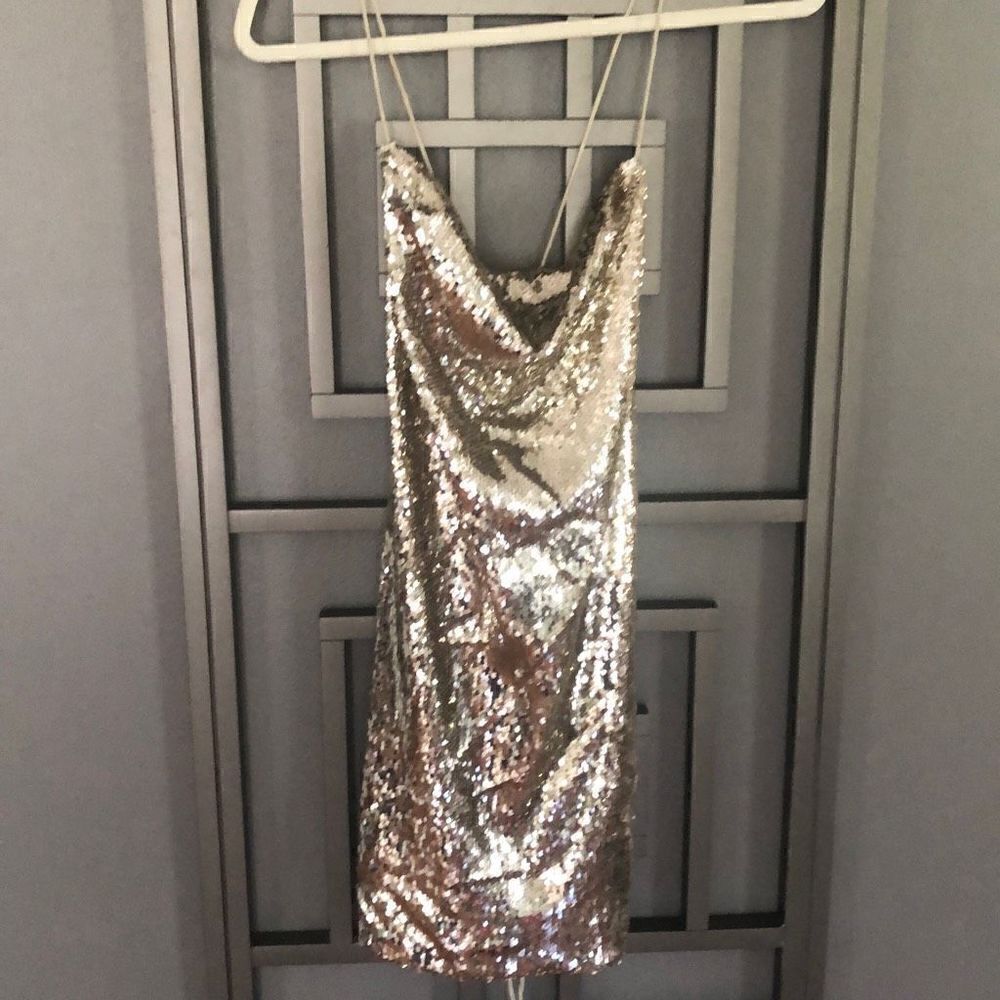 NWT ASOS Gold sequins, mini dress low, plunging back ￼size 0